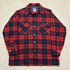Vtg Pendleton Board Shirt Medium Loop Collar Plaid Flannel Brass Buttons 50s 60s